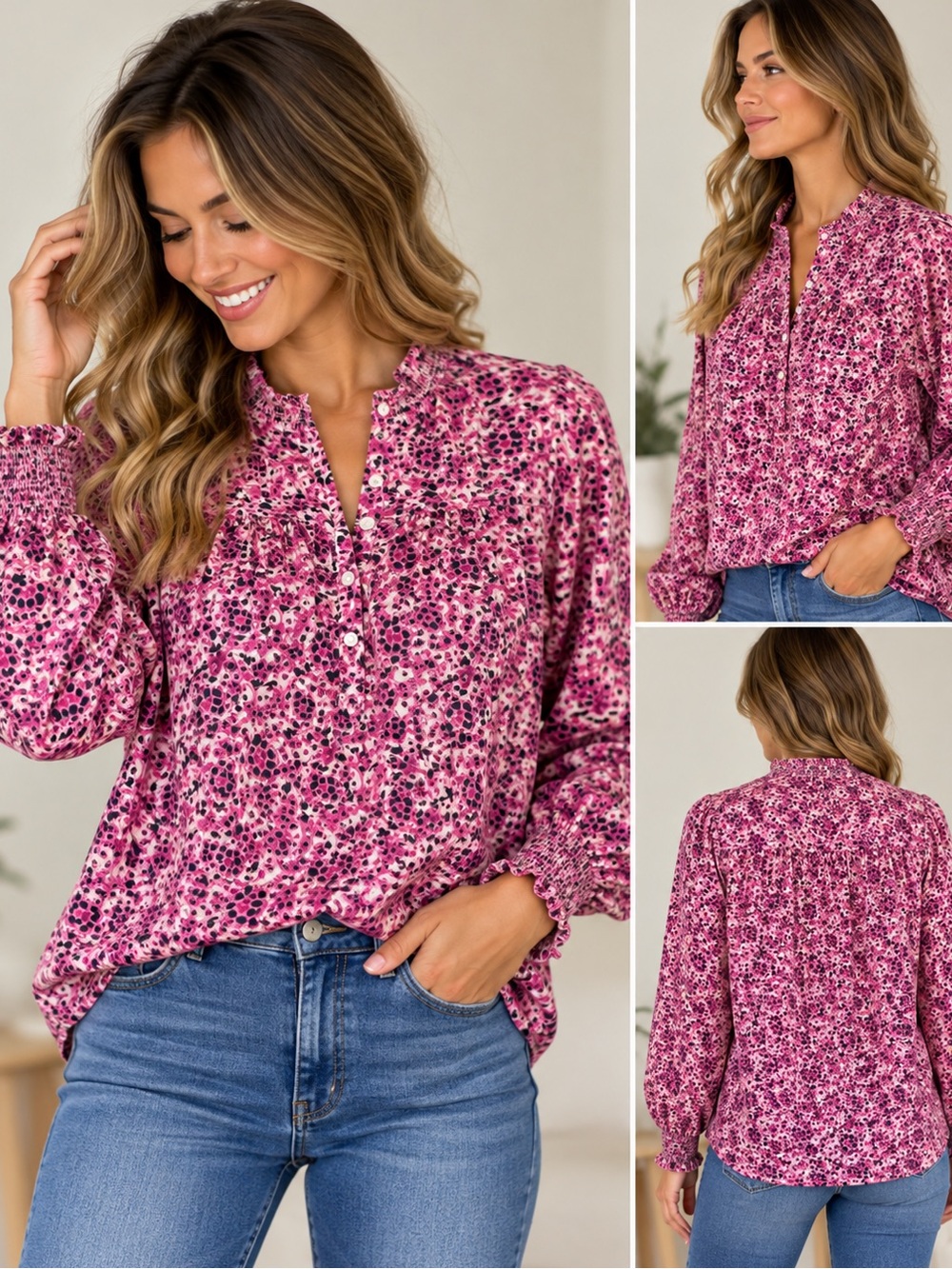 LOFT Pink Floral Henley Blouse with Smocked Cuffs